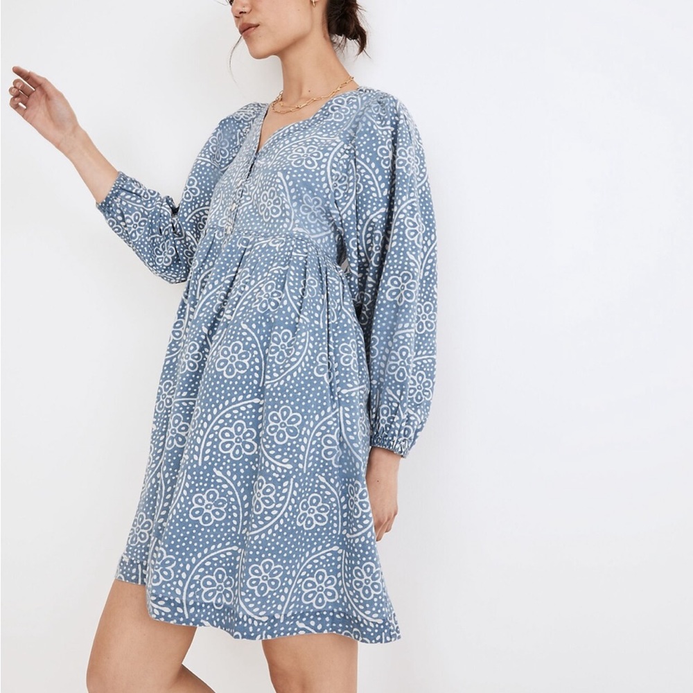 Madewell Bubble-Sleeve Button-Front Mini Dress in Indigo Paisley